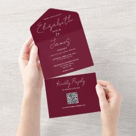 Bourgogne Red Elegant Script QR Code Wedding All In One Uitnodiging
