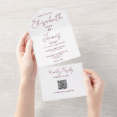 Bourgogne Red Elegant Script QR Code Wedding All In One Uitnodiging (Afscheurbaar)