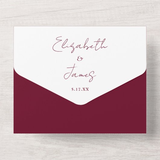 Bourgogne Red Elegant Script QR Code Wedding All In One Uitnodiging (Achterkant)