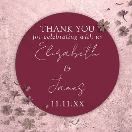 Bourgogne Red Elegant Script Wedding Bedankt Ronde Sticker