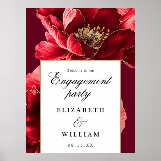 Bourgogne Red Floral Engagement Party Welkomstbord Poster (Voorkant)