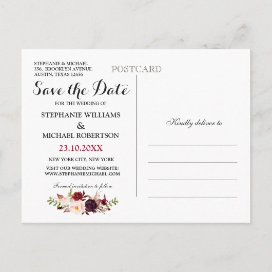 Bourgogne Red Floral Rustic Boho Save the Date Aankondigingskaart (Achterkant)