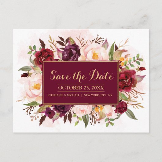 Bourgogne Red Floral Rustic Boho Save the Date Aankondigingskaart (Voorkant)