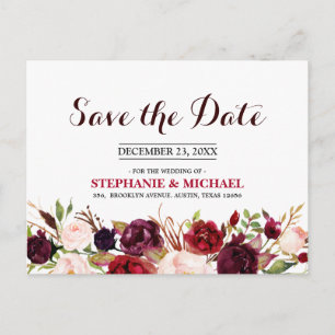 Bourgogne Red Floral Rustic Boho Save the Date Aankondigingskaart