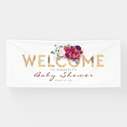 Bourgogne Red Flowers Gold Typografie Baby shower Spandoek (Horizontaal)