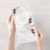 Bourgogne Red Flowers, roze bloemen, zoet 16 All In One Uitnodiging (Afscheurbaar)