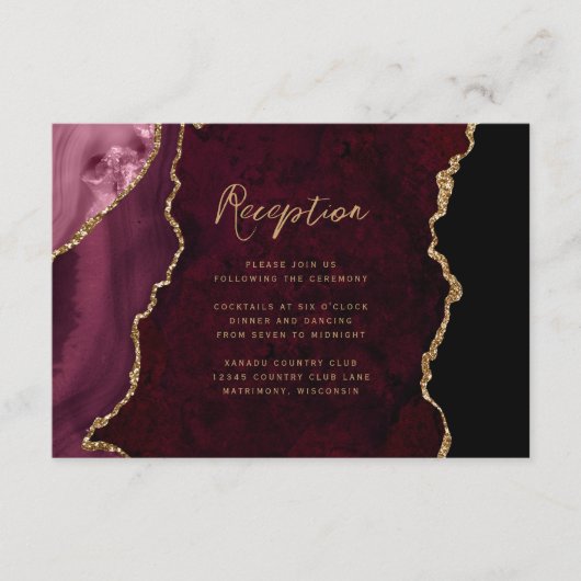 Bourgogne Red Gold Agaat Script bruiloft receptie Informatiekaartje (Voorkant)
