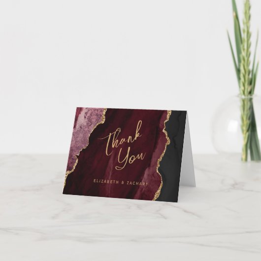 Bourgogne Red Gold Agaat Script Wedding Bedankt Kaart (Voorkant)