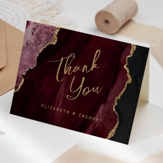 Bourgogne Red Gold Agaat Script Wedding Bedankt Kaart