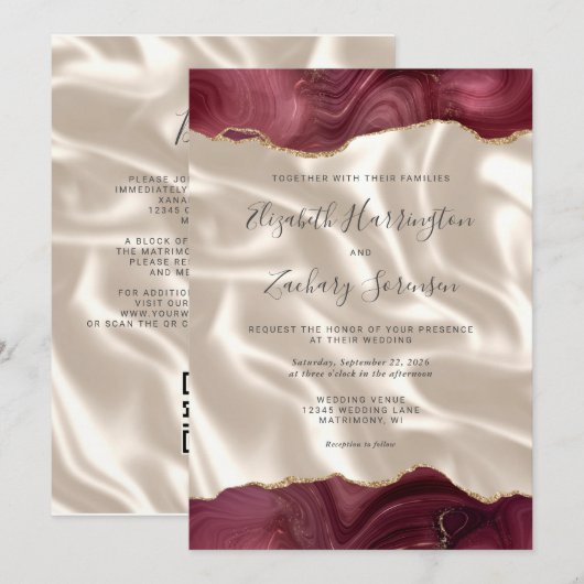 Bourgogne Red Gold Agate Ivory Silk QR Code Huweli Kaart (Voorkant / Achterkant)