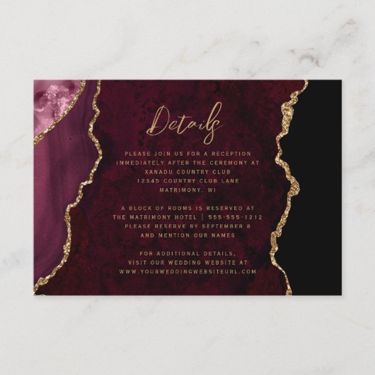 Bourgogne Red Gold Agate Script Wedding Details Informatiekaartje (Voorkant)