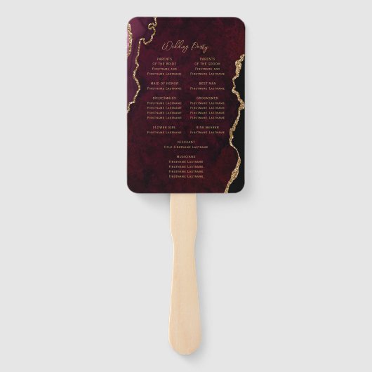Bourgogne Red Gold Agate Script Wedding Program Handwaaier (Achterkant)