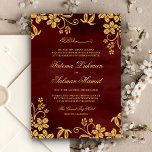 Bourgogne Red Gold Floral islamitisch huwelijk Kaart<br><div class="desc">Verrijk je gasten met deze elegante bruiloft-uitnodiging met een prachtig faux goudfloraal design en 'Bismillah' in Arabische kalligrafie. Voeg eenvoudig uw gebeurtenisdetails op deze makkelijk te gebruiken sjabloon toe om het één-van-een-soort uitnodiging te maken. Draai de kaart om een nepfoliestructuur op de achterkant van de kaart te laten zien.</div>