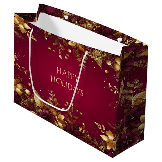Bourgogne Red Gold Flowers Holiday Gift Bag Groot Cadeauzakje (Voorkant Gekanteld)