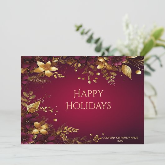 Bourgogne Red Gold Flowers Holiday Kaart (Staand voorkant)