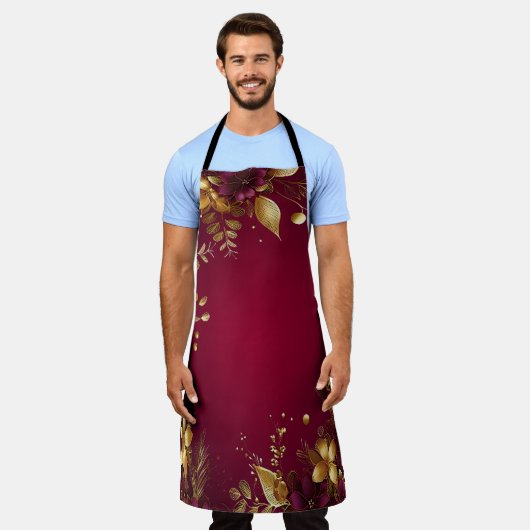 Bourgogne Red Gold Flowers Holiday Schort (Gedragen)