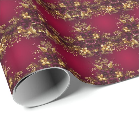 Bourgogne Red Gold Flowers Holiday Wrapping Paper Cadeaupapier (Rol Hoek)