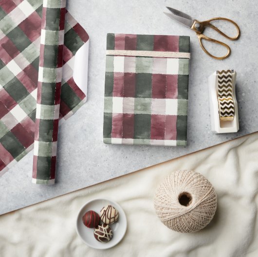 Bourgogne Red Green Cream White Plaid Stripes Cadeaupapier (Crafts)