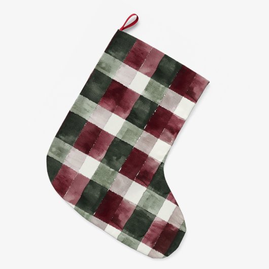 Bourgogne Red Green Cream White Plaid Stripes Grote Kerstsok (Voorkant (Hangend))