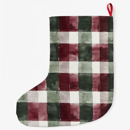Bourgogne Red Green Cream White Plaid Stripes Grote Kerstsok (Achterkant)