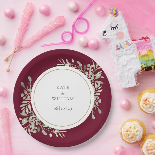 Bourgogne Red Greenery Floral Wedding Papieren Bordje (Feest)