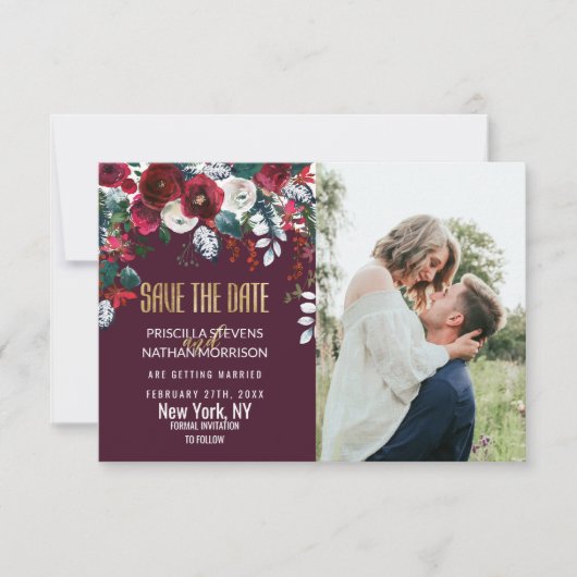 Bourgogne Red Ivory Floral Arrangement Gold Weddin Save The Date (Voorkant)