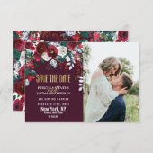 Bourgogne Red Ivory Floral Arrangement Gold Weddin Save The Date (Voorkant / Achterkant)