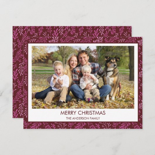 Bourgogne Red Leaf Pattern Simple Merry Christmas Feestdagenkaart (Voorkant / Achterkant)