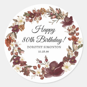 Bourgogne Red Mauve Herfst Flowers 80e geboortedag Ronde Sticker