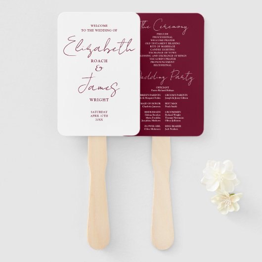 Bourgogne Red Minimalist Script Wedding Program Handwaaier (Voorkant en achterkant)