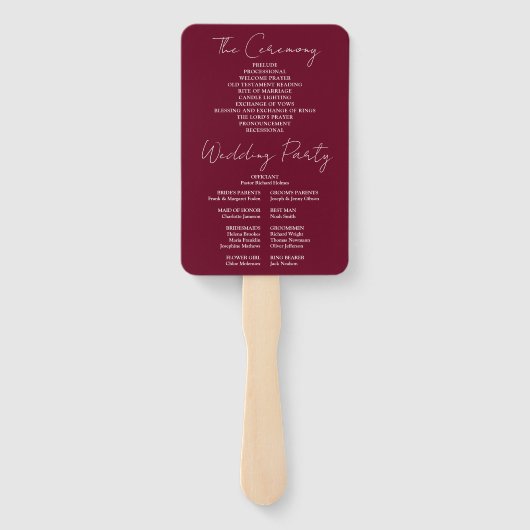Bourgogne Red Minimalist Script Wedding Program Handwaaier (Achterkant)