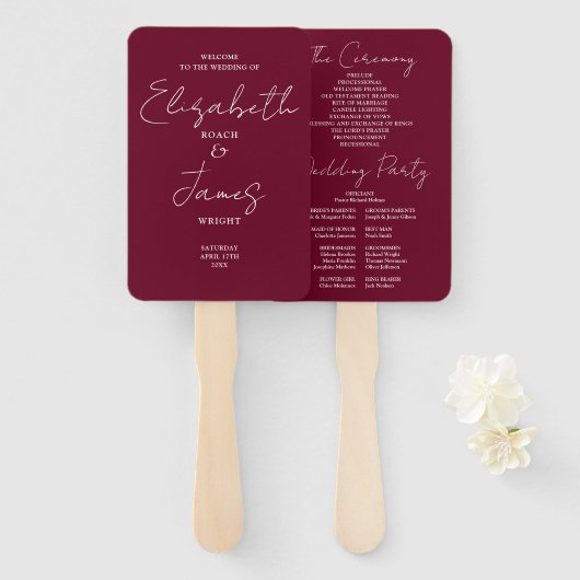 Bourgogne Red Minimalist Script Wedding Program Handwaaier (Voorkant en achterkant)