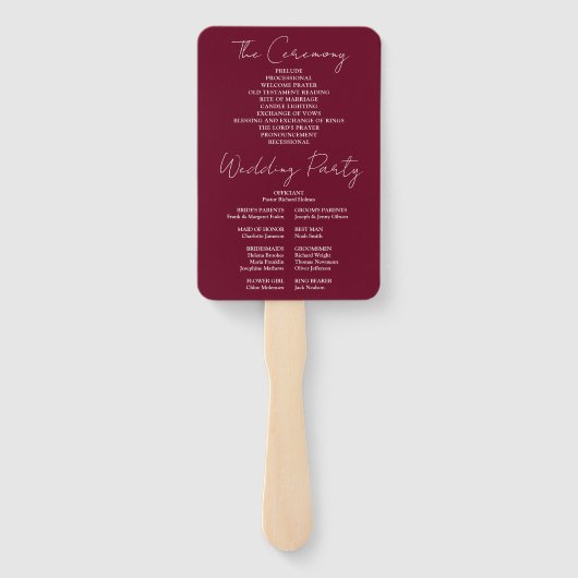 Bourgogne Red Minimalist Script Wedding Program Handwaaier (Achterkant)
