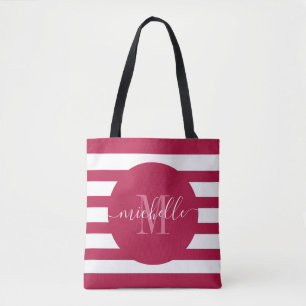 Bourgogne Red Monogram Script Elegant Modern Strip Tote Bag