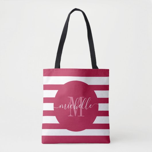 Bourgogne Red Monogram Script Elegant Modern Strip Tote Bag (Voorkant)