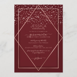 Bourgogne Red Rose Gold Confetti Border Quinceañer Kaart