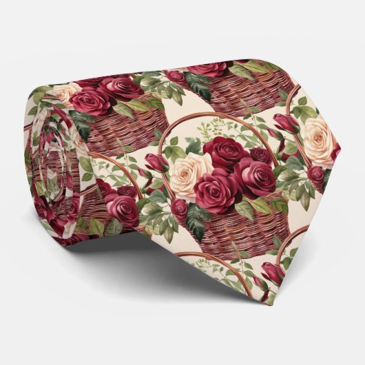 Bourgogne Red Roses Ivoor Waterverf Floral Stropdas (Opgerold)