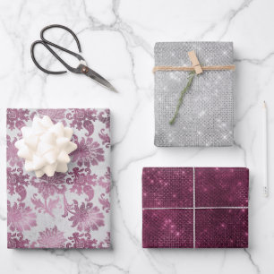 Bourgogne Red Silver Floral Sparkle Vrijgezellenfe Inpakpapier Vel