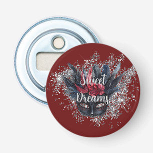 Bourgogne Red Silver Glitter Feathered Mask Button Flesopener
