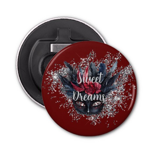 Bourgogne Red Silver Glitter Feathered Mask Button Flesopener (Voorkant)