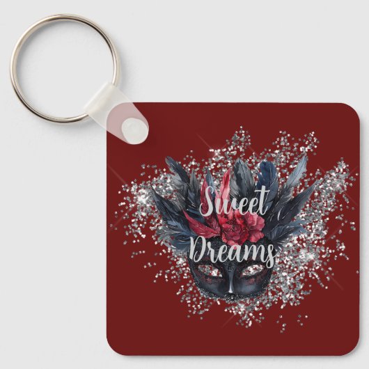 Bourgogne Red Silver Glitter Feathered Mask Sleutelhanger (Voorkant)