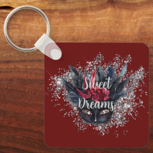 Bourgogne Red Silver Glitter Feathered Mask Sleutelhanger