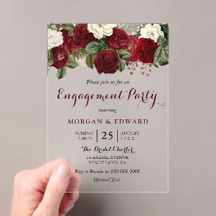 Bourgogne Red White Floral Engagement Party Acryl Uitnodigingen