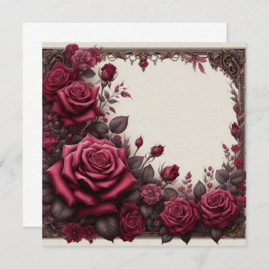 Bourgogne Rode Bloemen Blank Kaart Sjabloon (Voorkant / Achterkant)