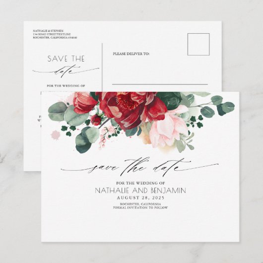 Bourgogne Rode Bloemen Bohemian Save the Date Briefkaart (Voorkant / Achterkant)