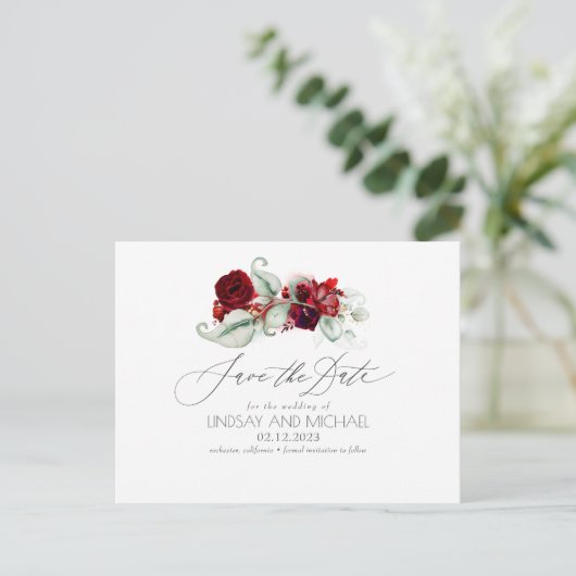 Bourgogne Rode Bloemen Boho Save the Date Briefkaart (Staand voorkant)