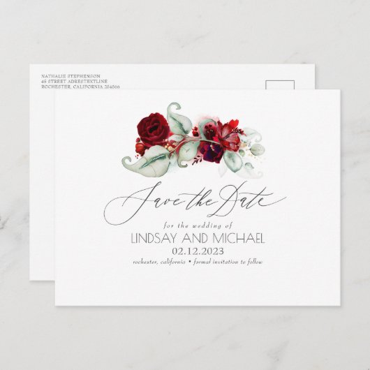 Bourgogne Rode Bloemen Boho Save the Date Briefkaart (Voorkant / Achterkant)