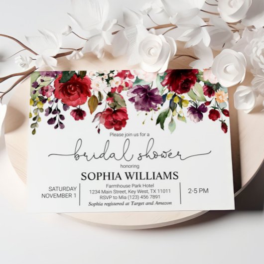 Bourgogne & Rode Bloemen Bruidsdouche Uitnodiging