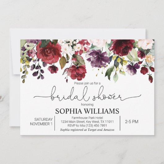 Bourgogne & Rode Bloemen Bruidsdouche Uitnodiging (Voorkant)