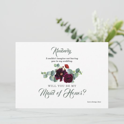 Bourgogne Rode Bloemen Eucalyptus Bruidsmeisje Voo Kaart (Staand voorkant)